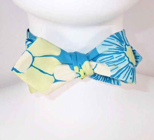 Aqua Floral Print Diamond Point Bow Tie